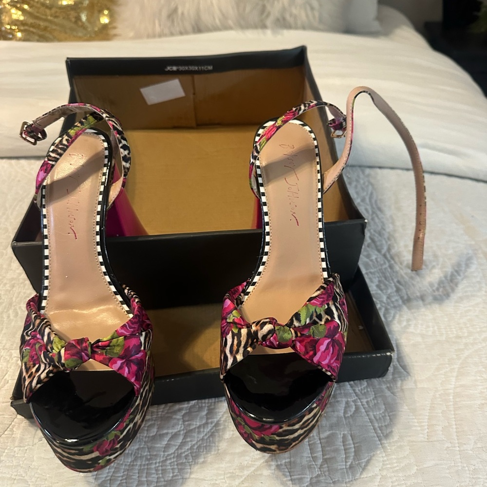 Betsey Johnson Pink Floral and Animal Print Platform Sandals